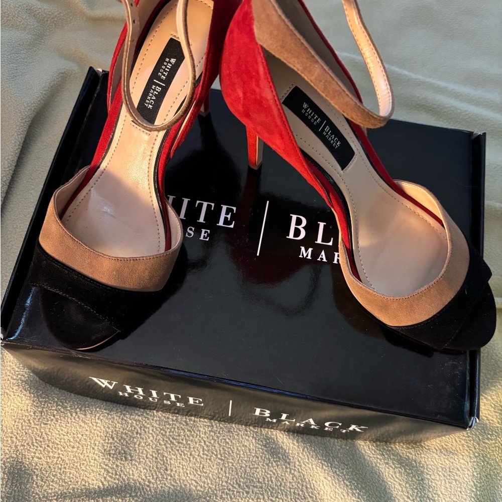 White House Black Market Wine, Black, and Tan Ankle Strapped Heels